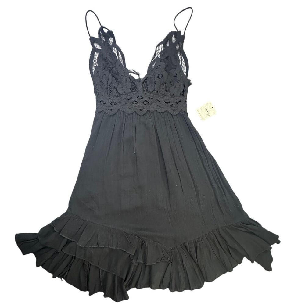 Free People Delia Slip Mini Dress Black Gauze Lace Smocked
